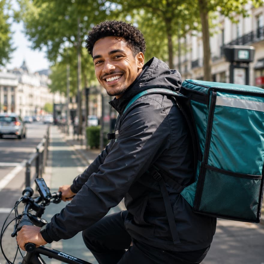 Livreur à vélo avec son sac isotherme, dans une rue ensoleillée